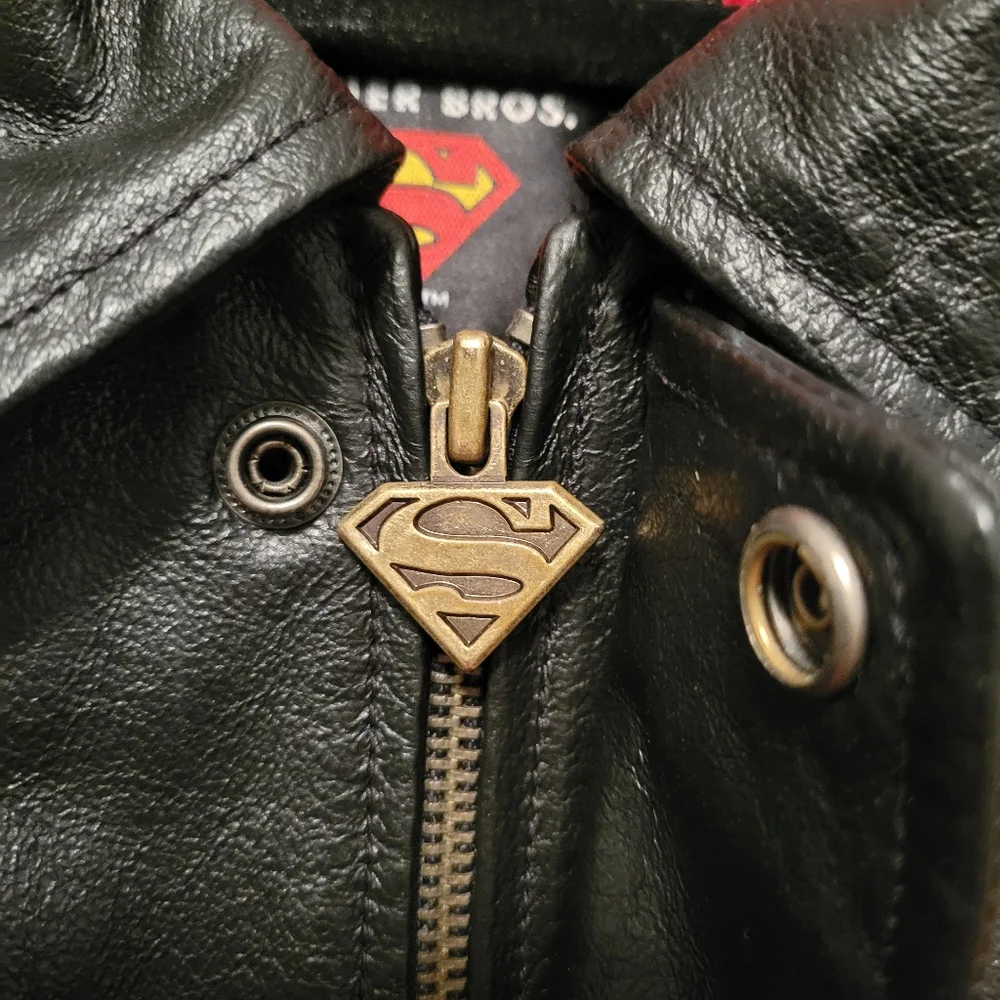 Vintage 2003 Warner Bros. Superman Man Of Steel Black Leather Jacket - Picture 2 of 9